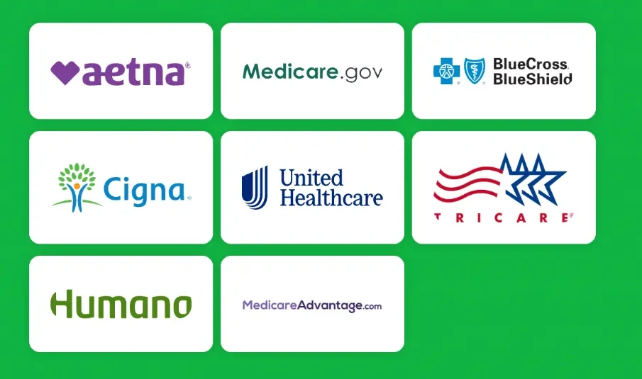 Accepted insurance logos including Aetna, Medicare, Blue Cross Blue Shield, Cigna, UnitedHealthcare, TRICARE, Humana, and Medicare Advantage.