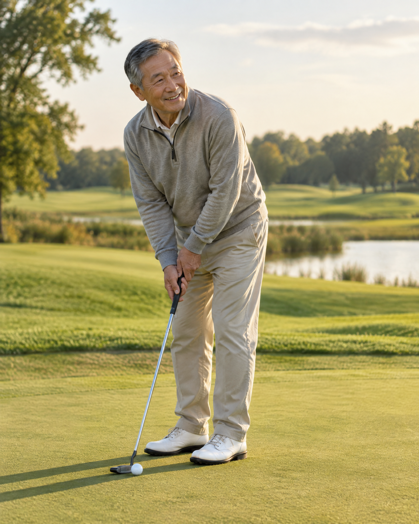An older East Asian man enjoying a quiet round of golf.
