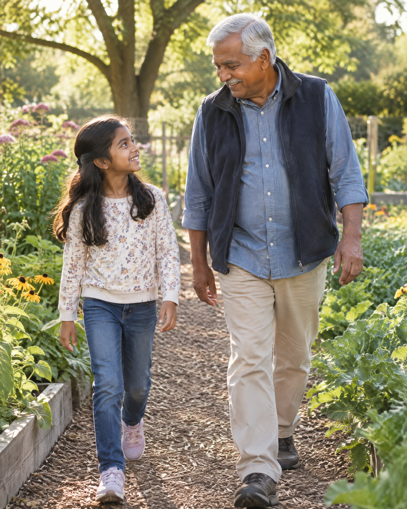 A South Asian grandfather walking through a garden with his granddaughter.