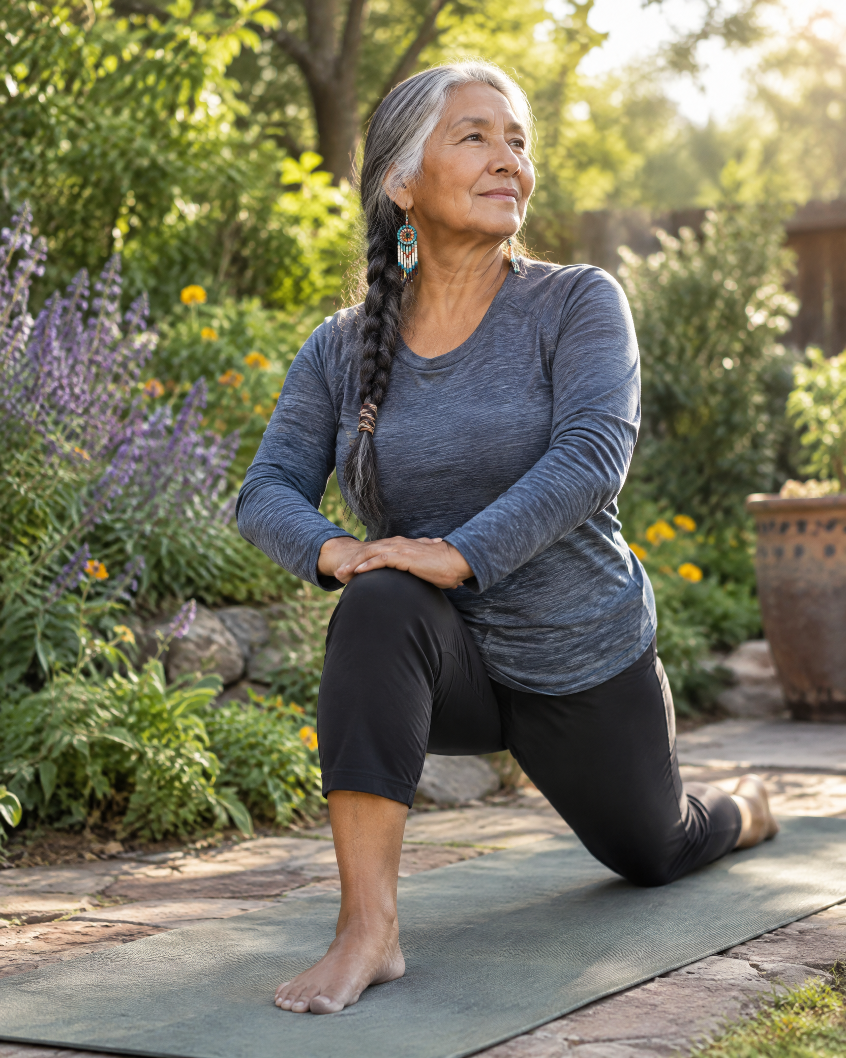 An older Native American woman doing a gentle outdoor stretch.