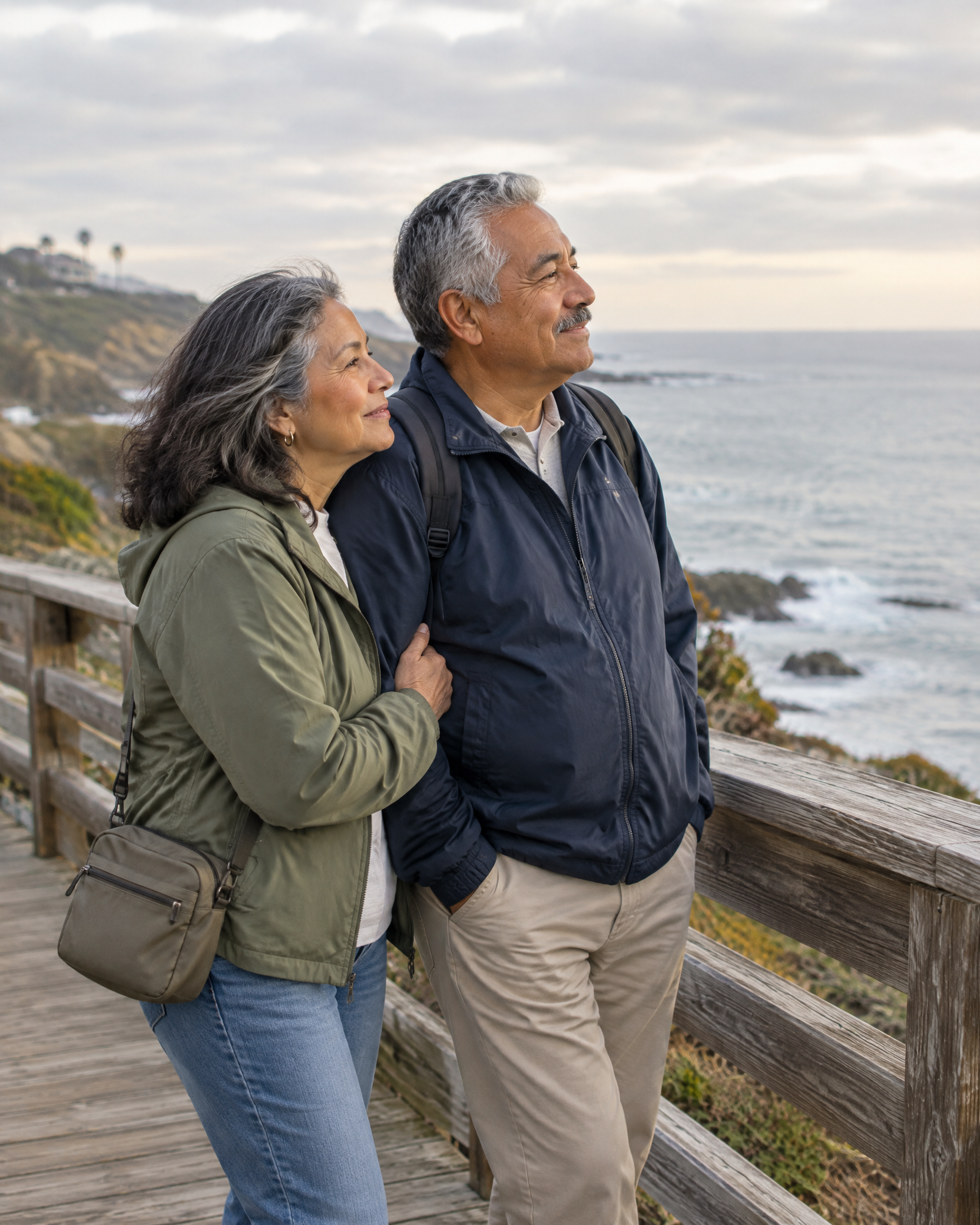 A Latino couple taking in a coastal view while traveling.