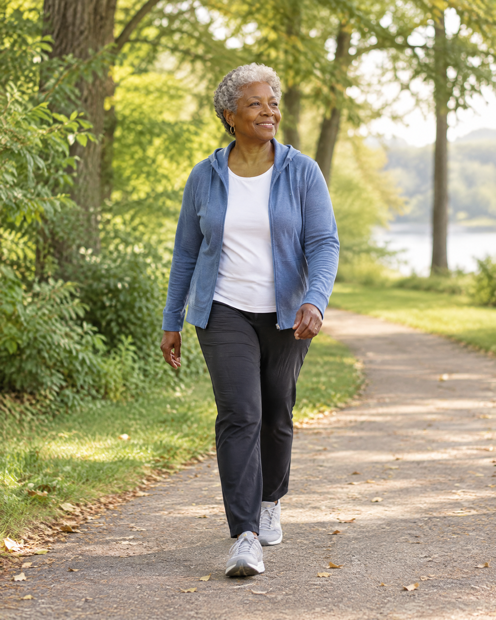 An older Black woman walking confidently outdoors.