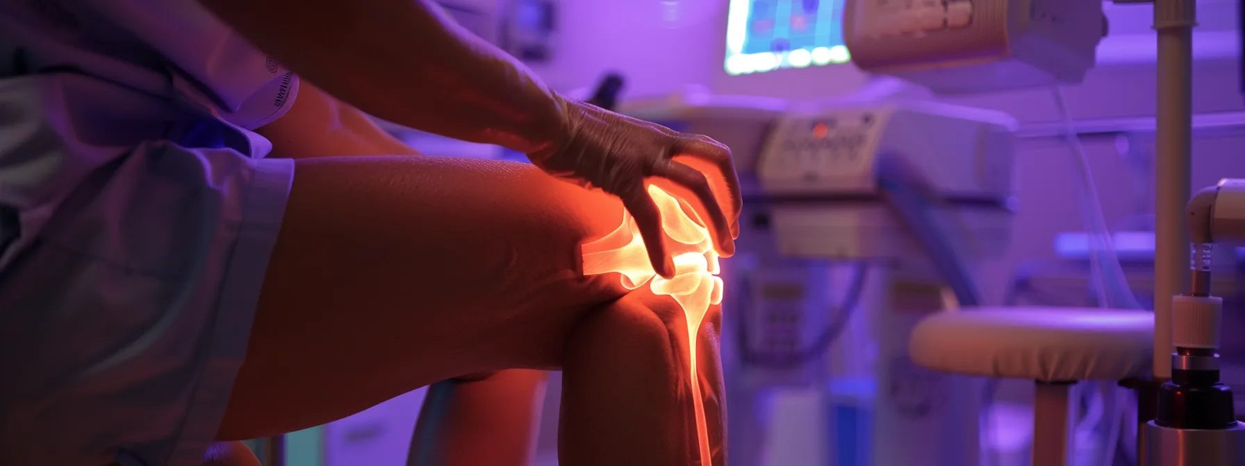 a patient at a healing center undergoing non-surgical knee treatment.